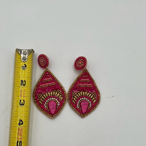 Vibrant Pink and Gold Teardrop Earrings with Intricate Beadwork - Picture 4 of 6